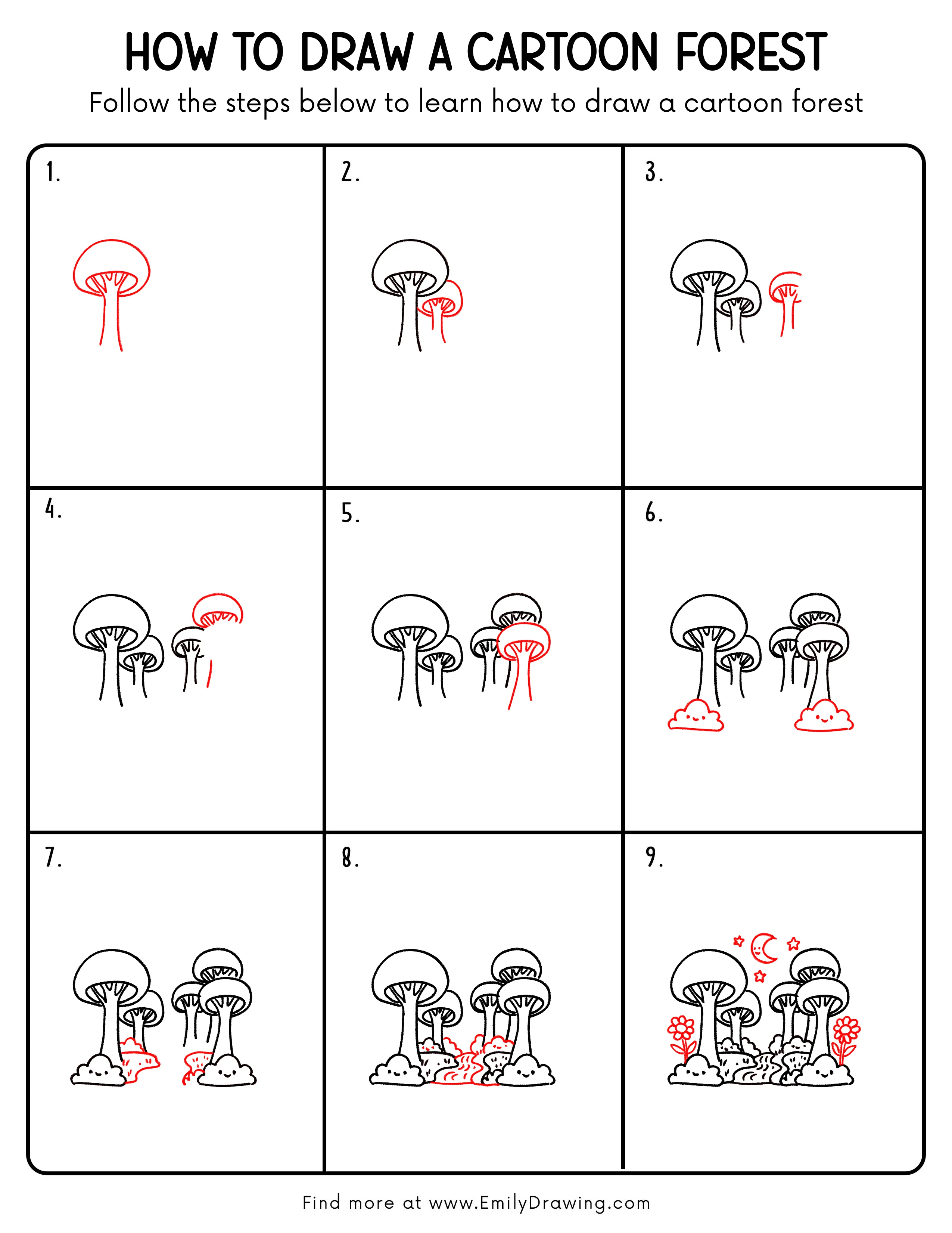 Printable Cartoon Forest Drawing Guide